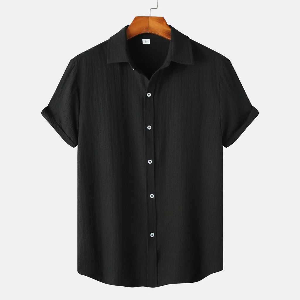 Men's casual short-sleeved polyester shirt in cardigan style on a hanger