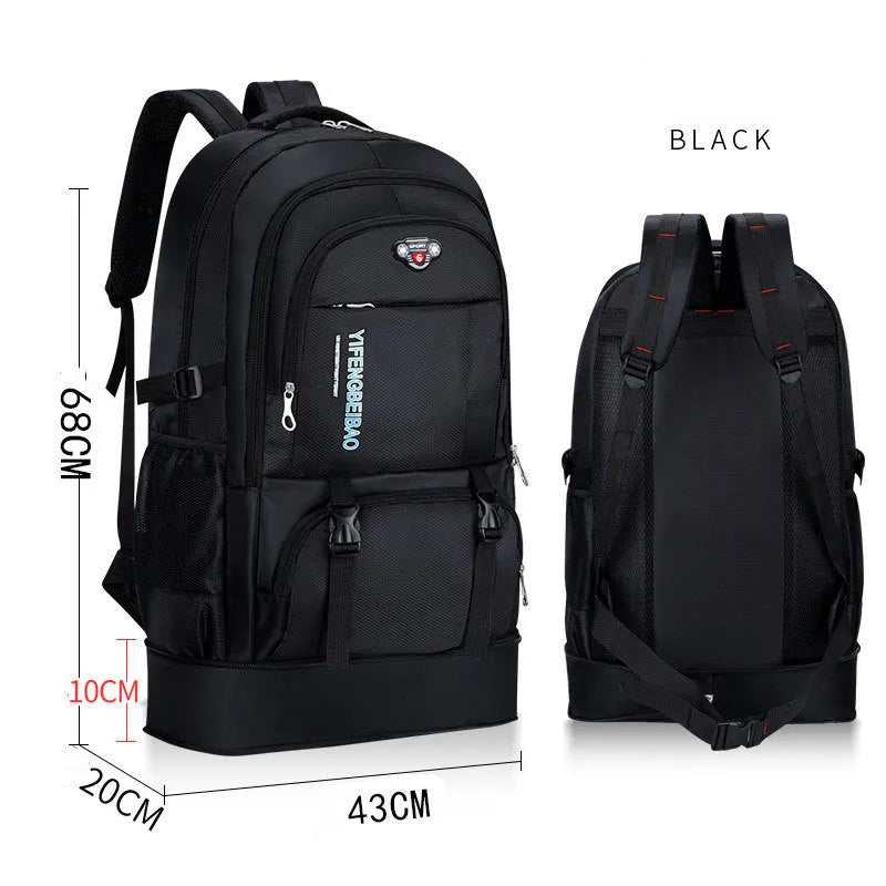 Men's simple outdoor sports backpack in black, 56-75L nylon, breathable and waterproof, with folding design