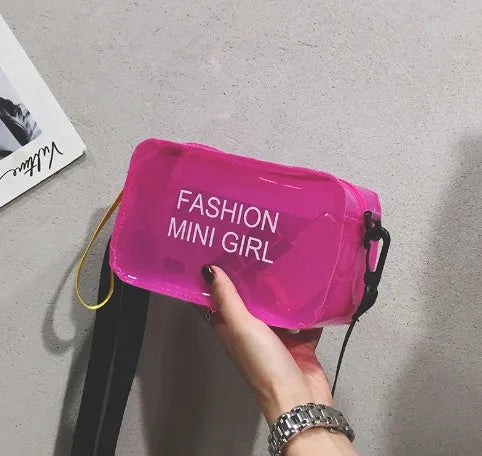 A transparent square jelly cross-body bag in a choice of colours, shown with an adjustable strap and a mobile phone inside.