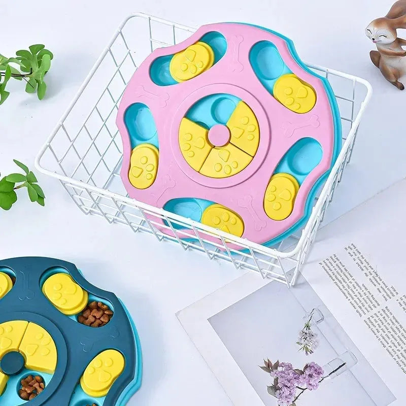 Blue dog puzzle feeder toy with interactive compartments for food dispensing during play
