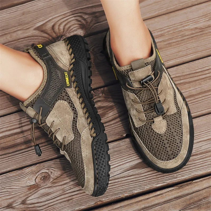 Men's brown suede low-top tennis shoes with elastic band and round toe