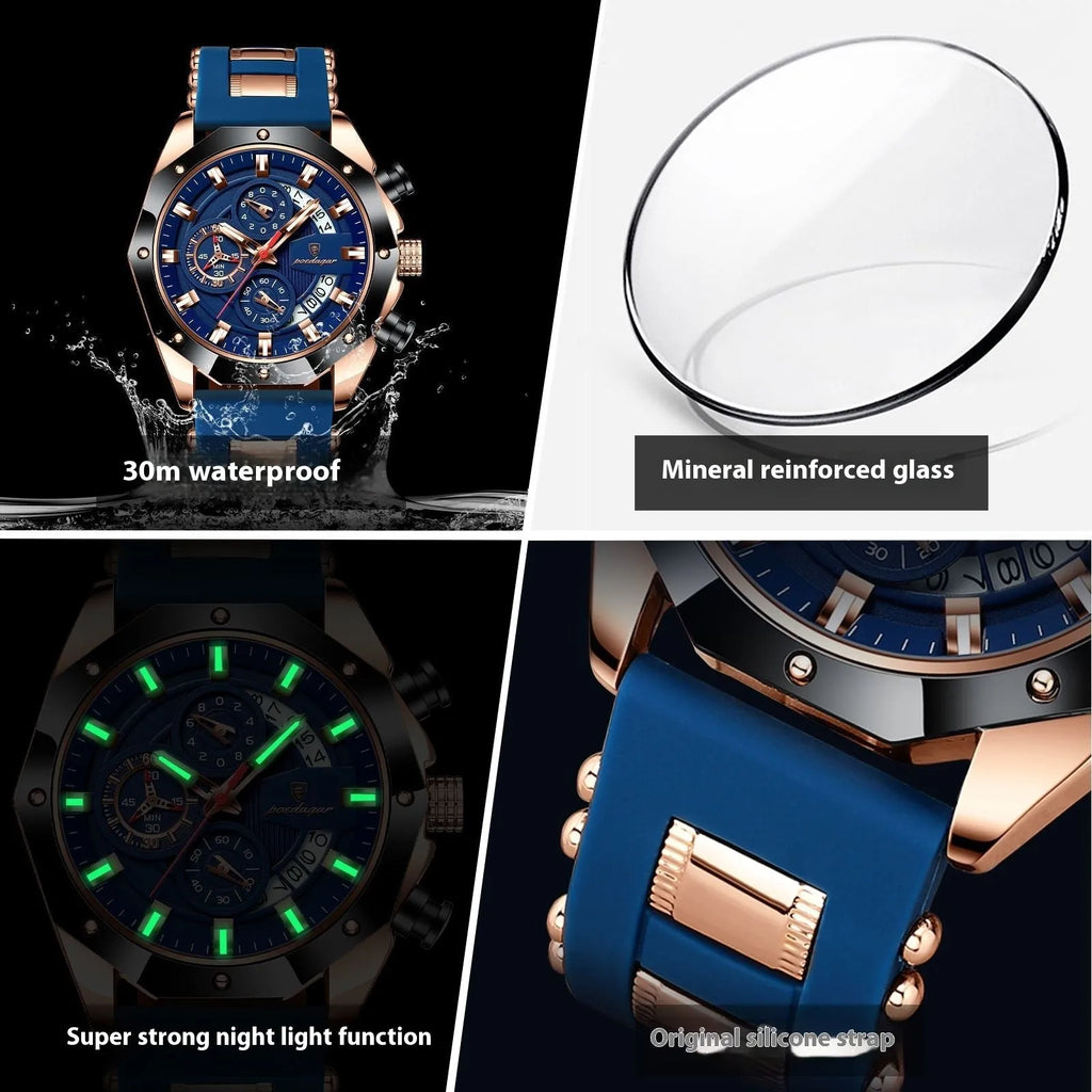 Men's chronograph sports watch with a black silicone strap and silver alloy case on a wrist.