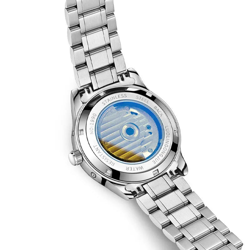 Men's silver and black business mechanical watch with leather strap and sapphire glass.