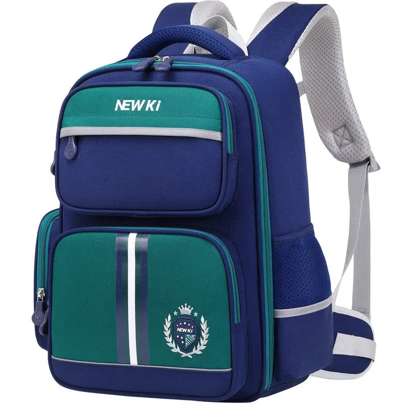 Children's waterproof canvas schoolbag with curved shoulder straps, spine protection, solid colour, small and large sizes