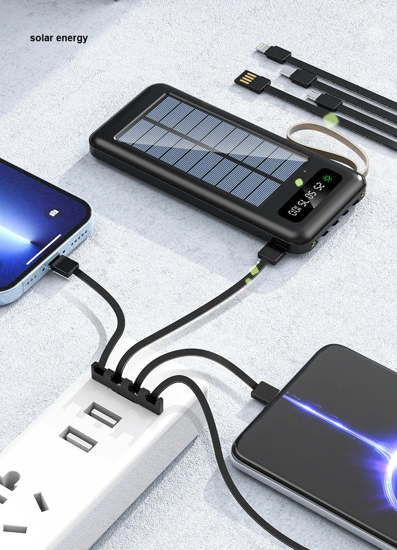 Cool black and ivory white solar power bank showing integrated solar panel and compact 144mm x 68mm dimensions.