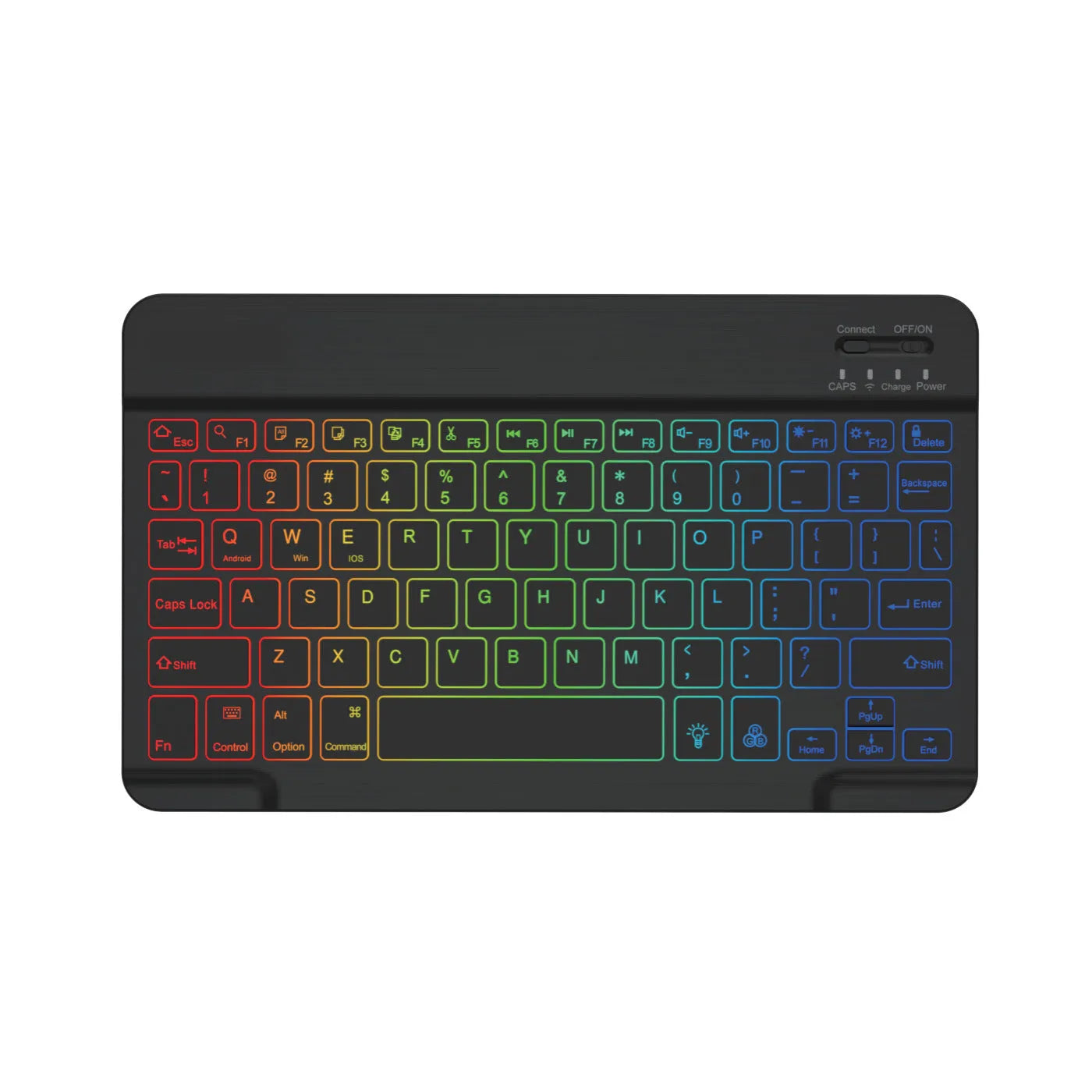 10-inch wireless Bluetooth keyboard with colourful backlit keys on a desk next to a tablet.