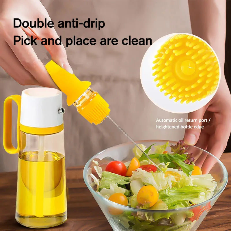 2 in 1 oil dispenser with silicone brush on wooden table against dark background