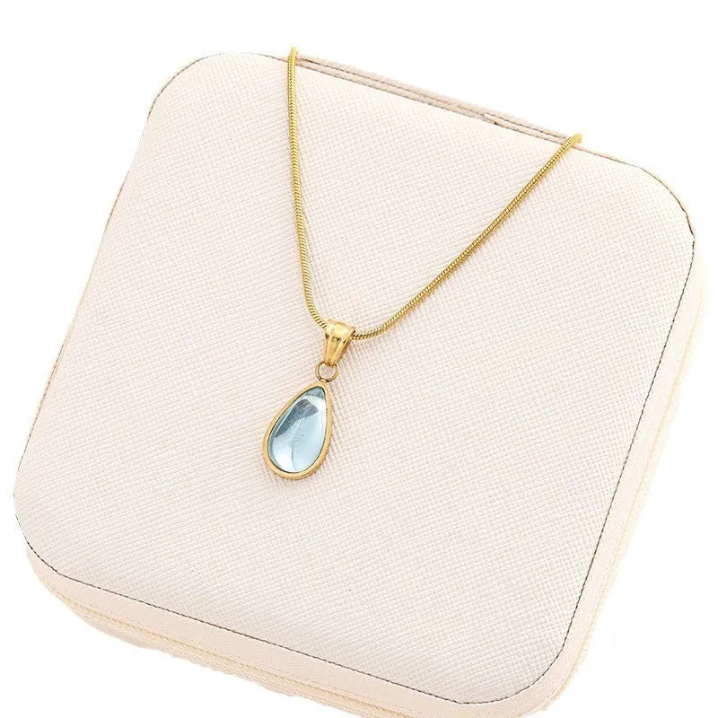 Sky blue titanium steel water drop pendant necklace on adjustable O-ring chain for women