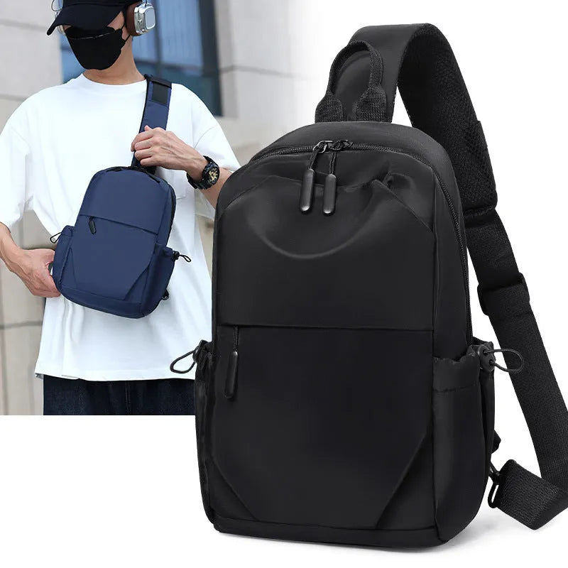 Men's grey waterproof chest bag showing front compartment and shoulder strap