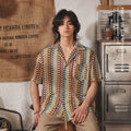 Plus size Cuban collar short sleeve shirt with jacquard patterning in grey or red