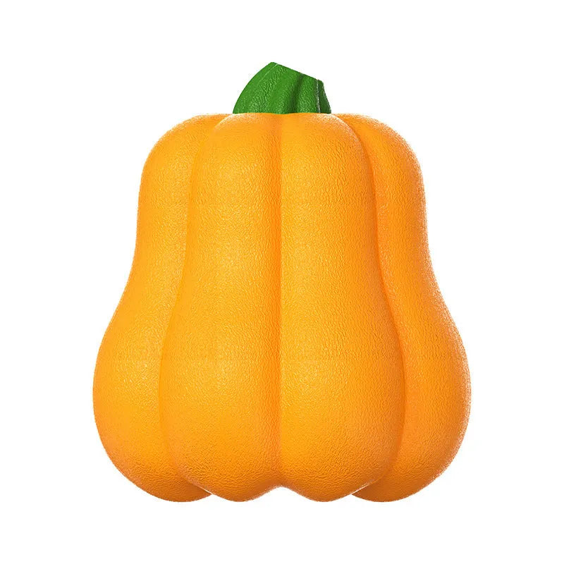 Orange plastic dog molar chew toy with a built-in rope for tugging and fetch.