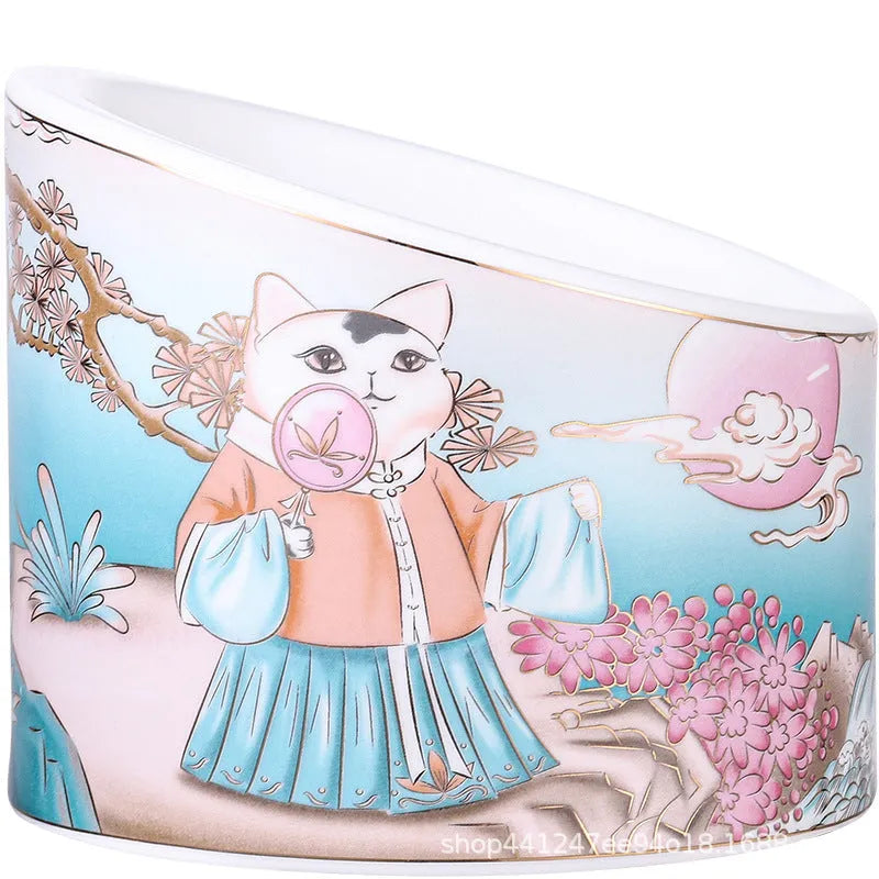 Chinese style ceramic cat bowl with high legs and double slanted mouth compartments