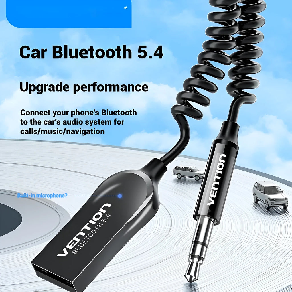 USB car Bluetooth audio receiver with zinc alloy USB connector and copper 3.5mm AUX connector connected by PU-coated cable
