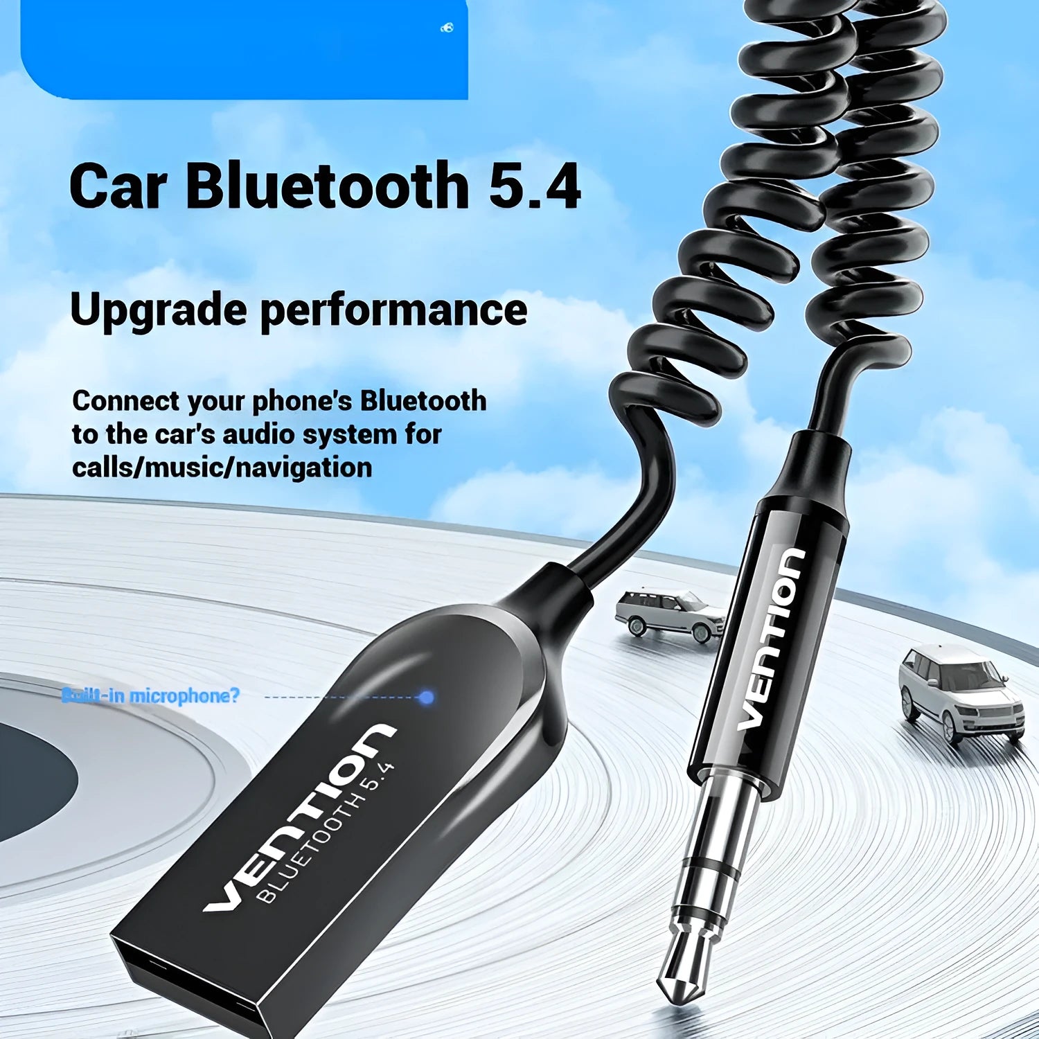 USB car Bluetooth audio receiver with zinc alloy USB connector and copper 3.5mm AUX connector connected by PU-coated cable