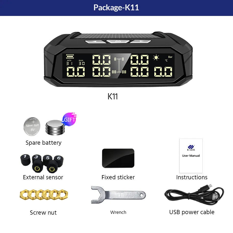 Solar-powered external tyre pressure monitor system for six tyres, showing colour digital display and sensors.