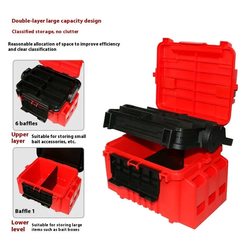 Portable double-layer ABS bait box with seat lid in blue, showing storage compartments