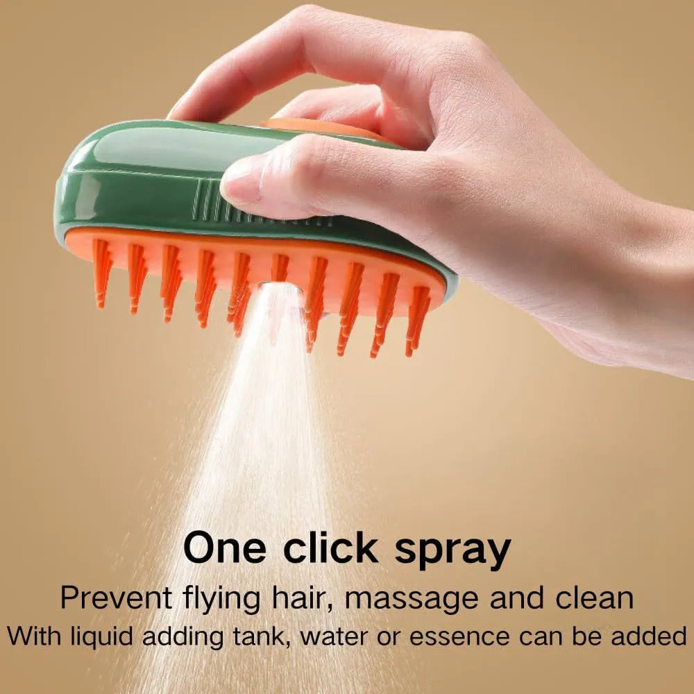 Green and white rechargeable cat steam brush with silicone teeth and water spray button.