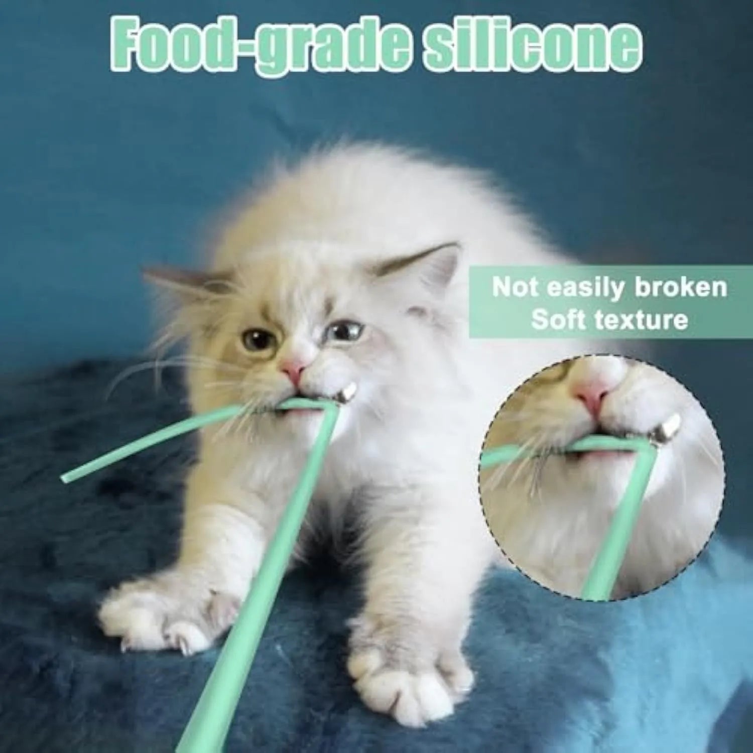 Green automatic cat wand toy with swinging silicone tails on a wooden floor.