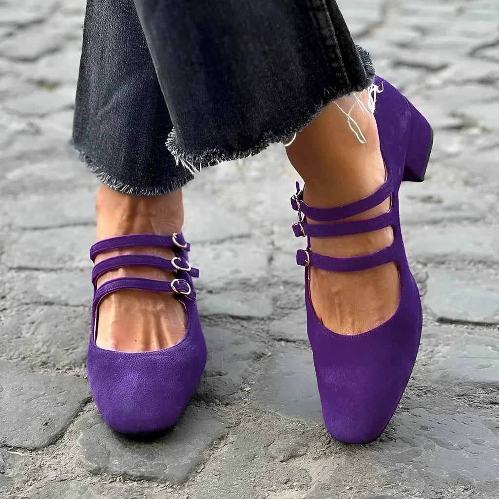 Women's suede square toe chunky high heels in blue purple and rose red, sizes 34-43, with buckle detail and over 8cm heel