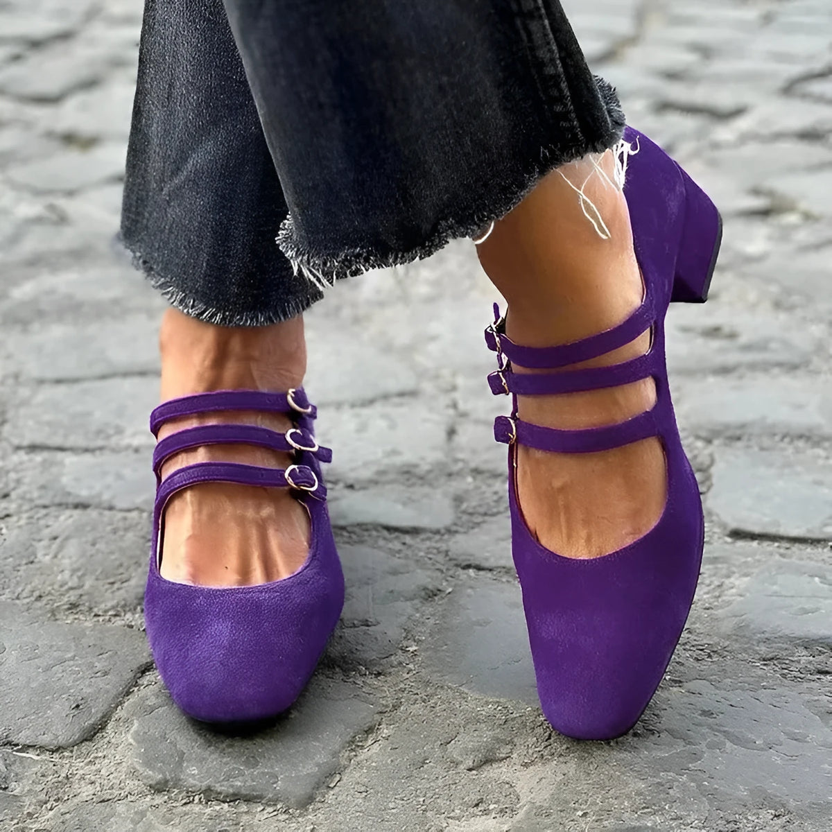 Women's suede square toe chunky high heels in blue purple and rose red, sizes 34-43, with buckle detail and over 8cm heel