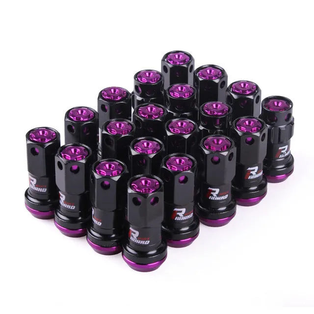 Set of aluminium alloy wheel hub nuts in multiple colour options including black, red, gold, blue, and purple finishes