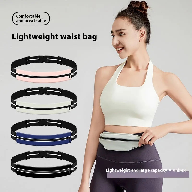 Lightweight waterproof running pouch with reflective strip in black, stretch fit design for waist