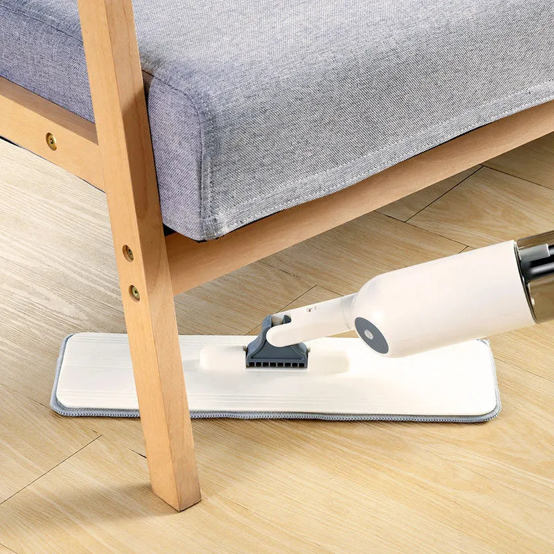 Flat squeeze mop with bucket showing 360-degree rotating head and stainless steel mop bar
