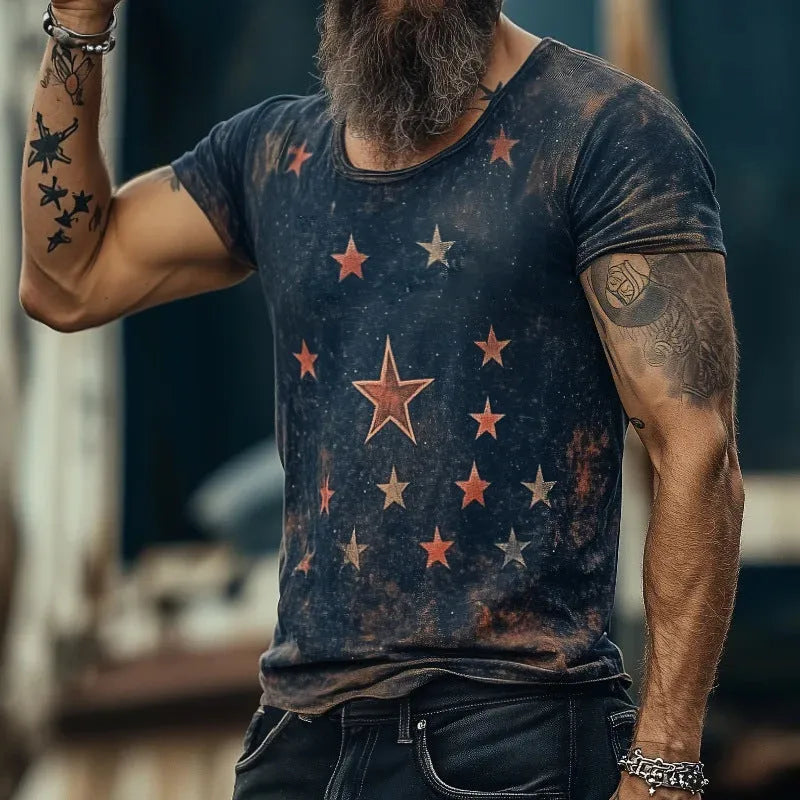 Loose-fit short sleeve t-shirt with a bold, colourful 3D art retro graphic pattern printed on the front.