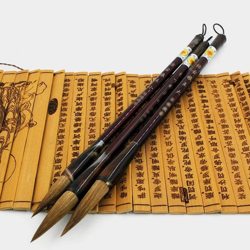 Wolf Hao traditional Chinese calligraphy brush with wolf hair nib and steel shaft, shown in multiple sizes.