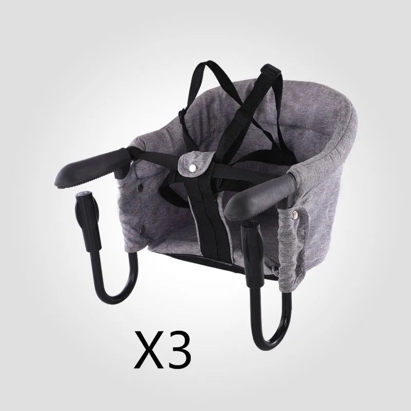 Portable baby high chair dining seat with safety belt folded and unfolded