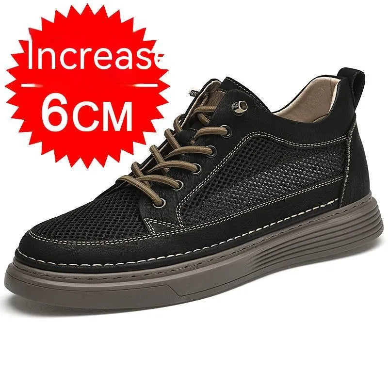 Men's round toe elevator shoes in black with 6cm hidden height increase, two-layer cowhide upper and rubber sole
