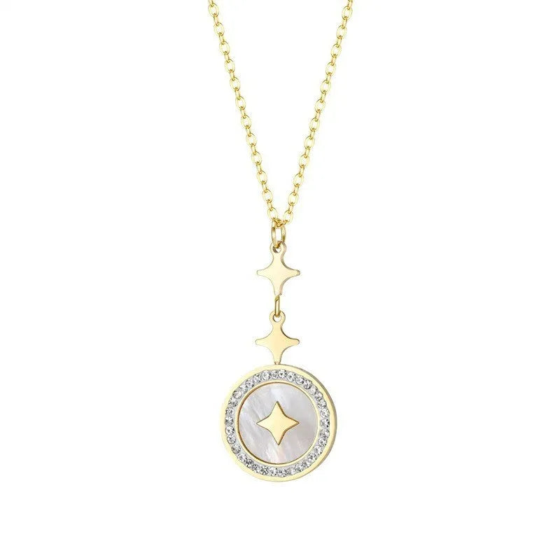 Gold titanium steel necklace with six-pointed star diamond pendant on O-ring chain