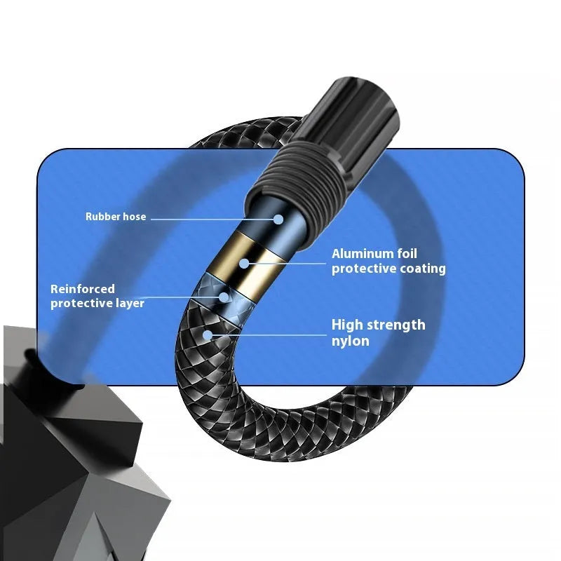 Black portable digital tyre inflator with display and LED light, connected to a car tyre valve.