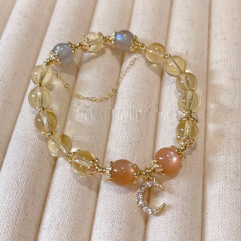 Women's crystal bracelet with moonstone, citrine stones and electroplated 14K gold gilding in diamond Chinese style