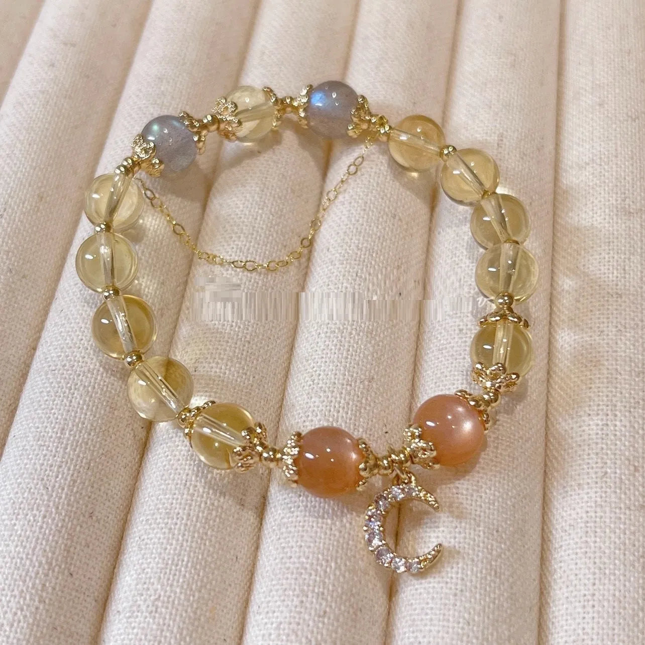 Women's crystal bracelet with moonstone, citrine stones and electroplated 14K gold gilding in diamond Chinese style