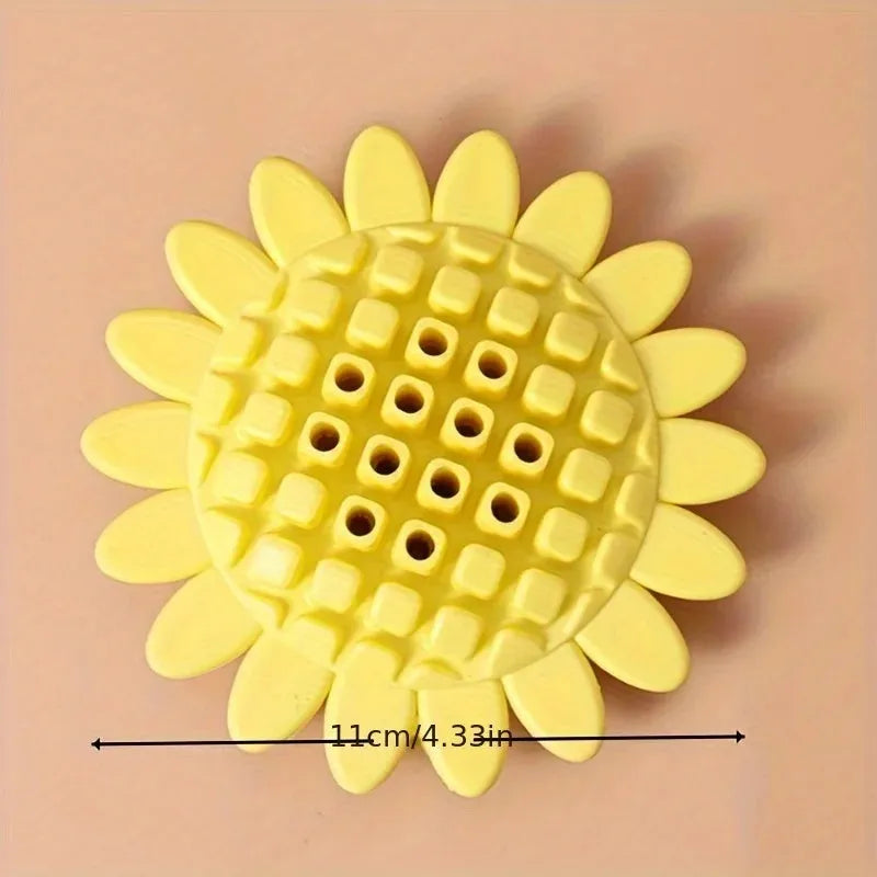 Yellow rubber sunflower-shaped dog chew toy for puppies and dogs