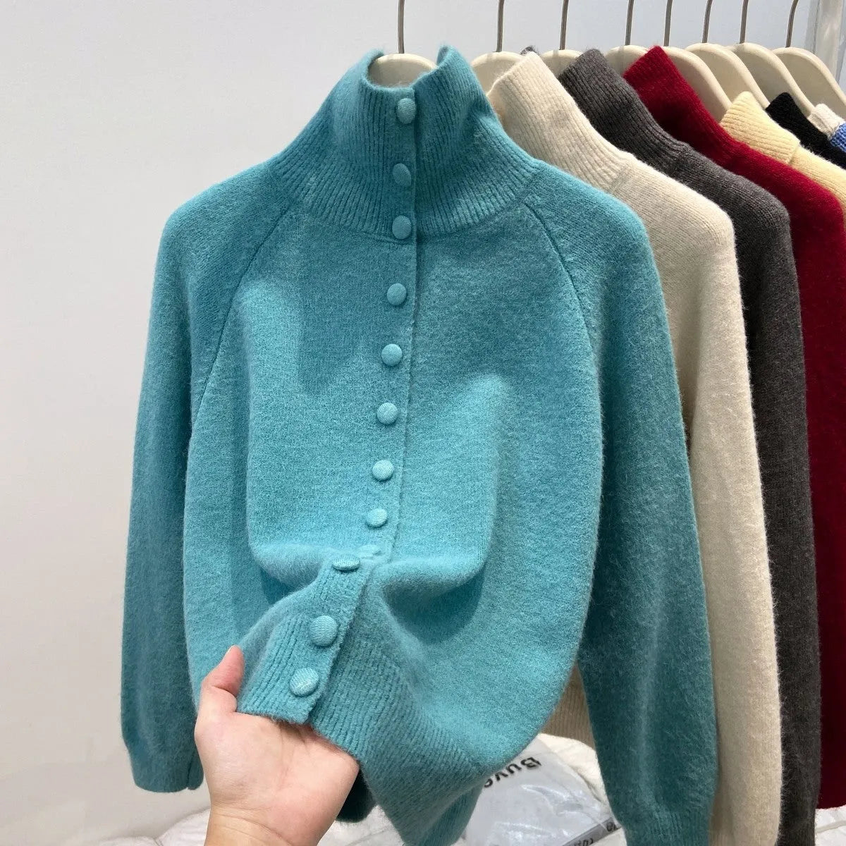 Women's turtleneck single-breasted cardigan, thick polyester knit, loose lazy style, apricot colour