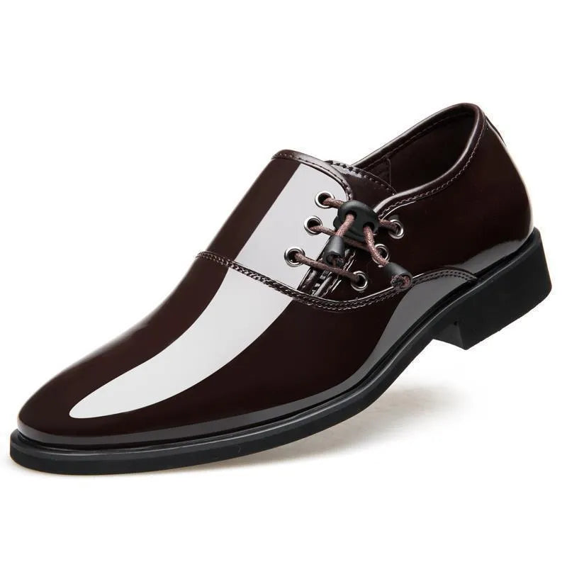 Men's black and brown formal business shoes with round toe, square heel, and slip-on design