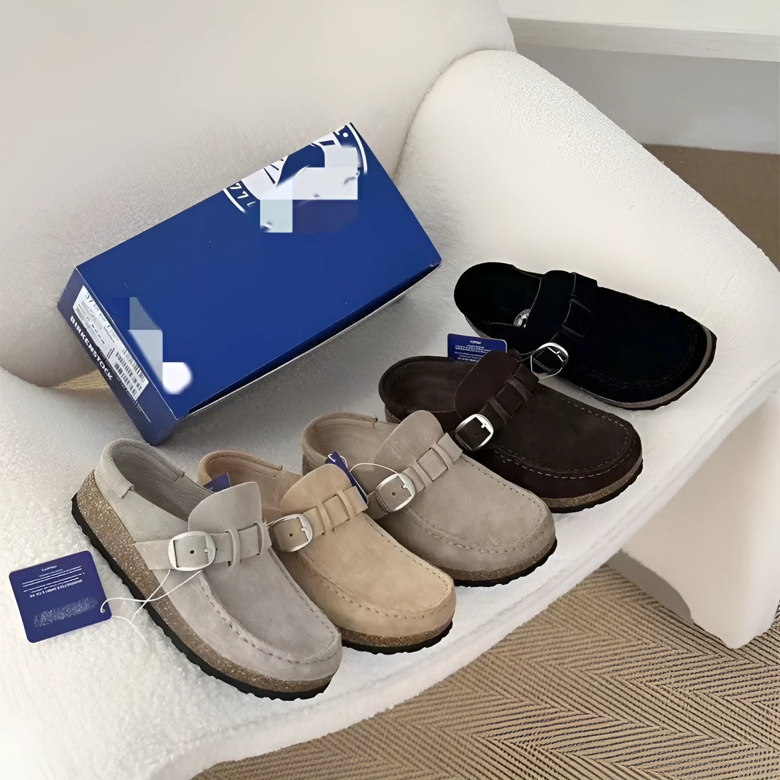 Unisex cow suede mule slippers with cork sole in sand gray colour, side view