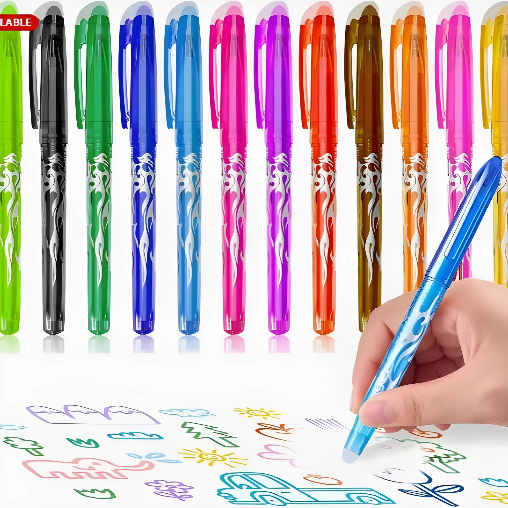 Heat-erasable gel pen set showing multiple colours with stainless steel nibs for temporary writing