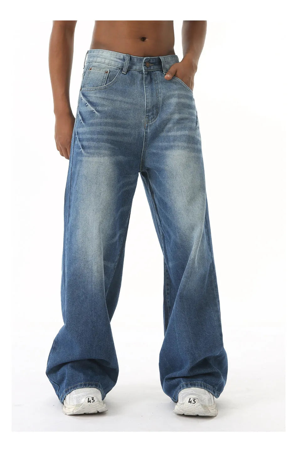 Retro washed light blue men's loose straight wide leg jeans with mid waist and zipper fly