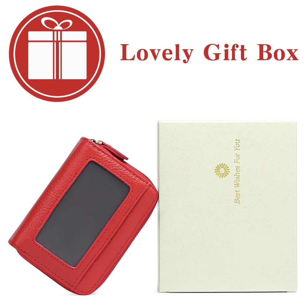 Cowhide double layer zipper expanding card holder in black with anti-theft credit card protection and gift box