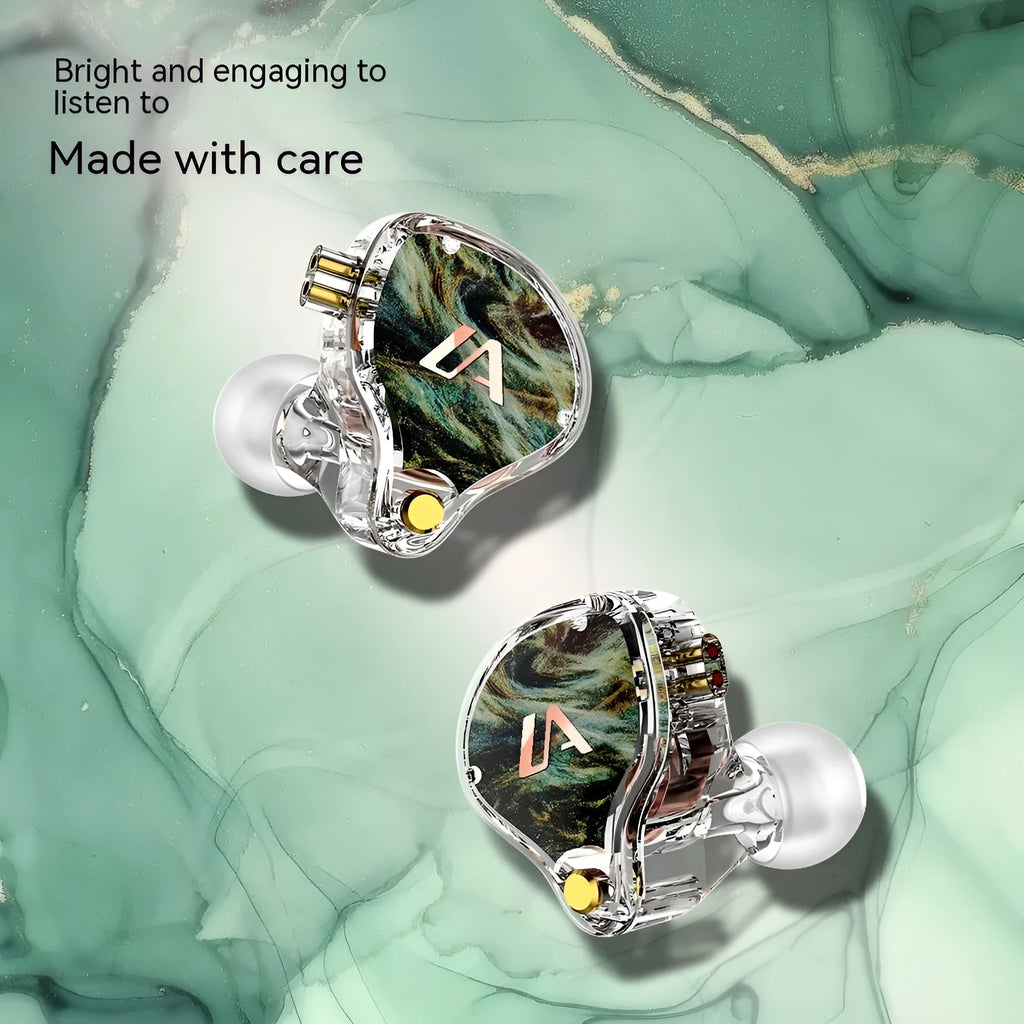 LM3 wired ear-mounted headphones with adjustable ear hook, silver-plated cable, and 3.5mm plug on a white background