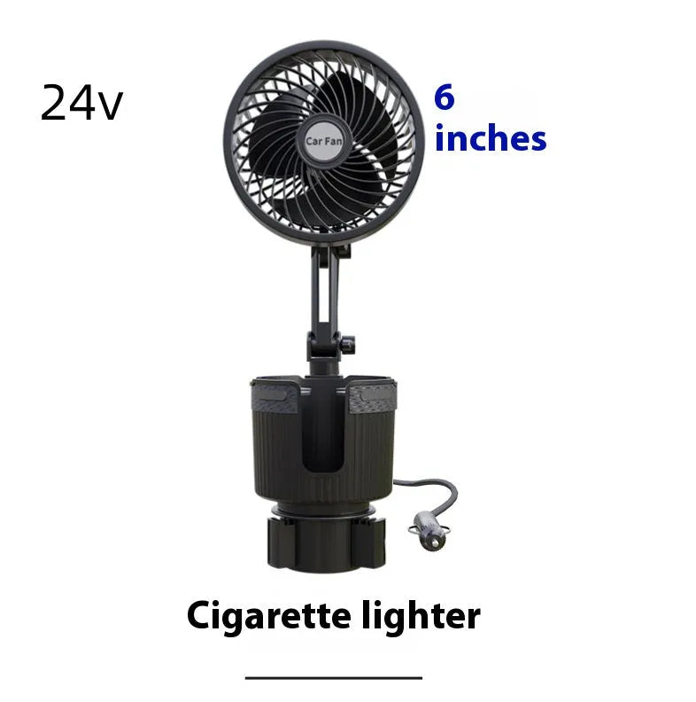 Car water cup holder fan in ABS plastic available in 4-inch and 6-inch sizes with multiple power connection options.