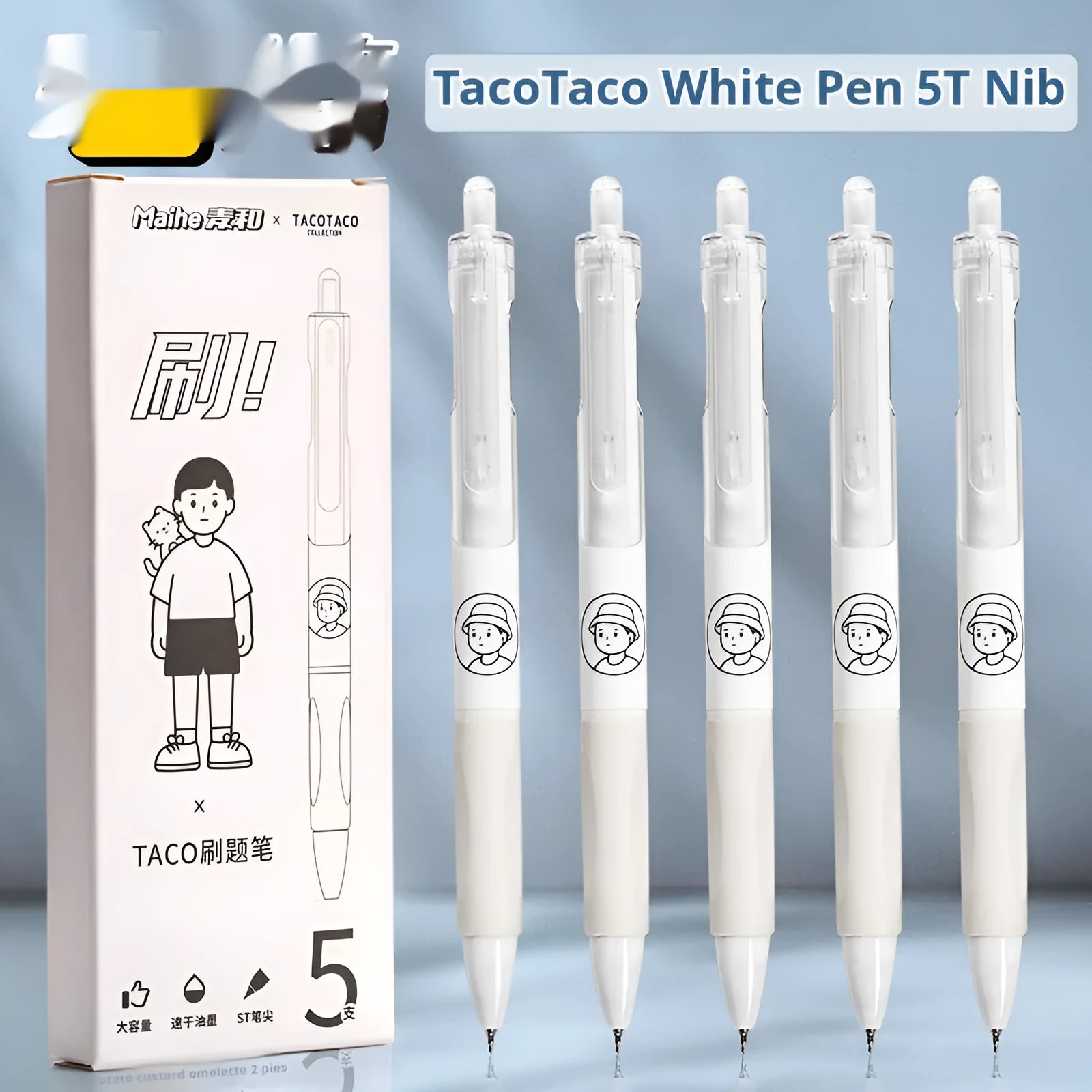 Five white Taco ballpoint pens with 0.5mm tips and quick-drying black ink