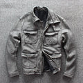 Men's gray genuine leather jacket with shirt collar, round hem, chest pocket, and color block pattern, sizes S-XXXXL.
