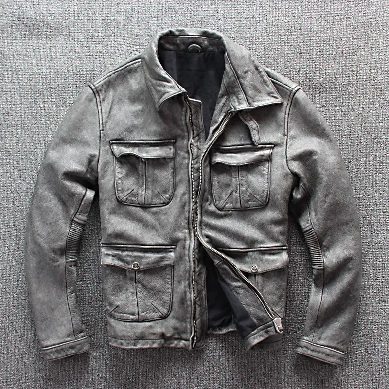 Men's gray genuine leather jacket with shirt collar, round hem, chest pocket, and color block pattern, sizes S-XXXXL.