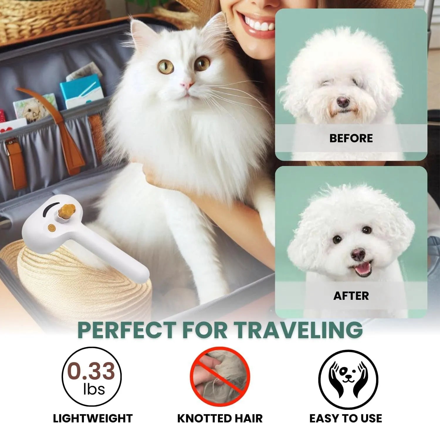 White pet grooming brush with steam spray function and self-cleaning mechanism