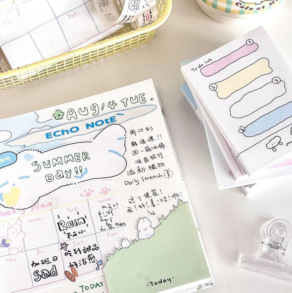 Cartoon sticky note pad with heart-themed designs in six styles including Puppy Diary and Rabbit Weekly Notes.