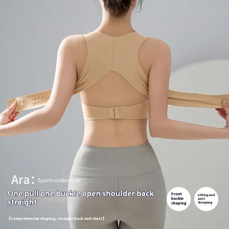 Women's front buckle exercise bra with back shaping in nylon fabric